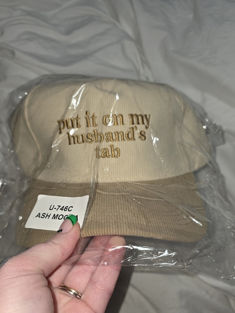 Put It On My Husband's Tab Embroidered Hat From Zenana in Ash Mocha